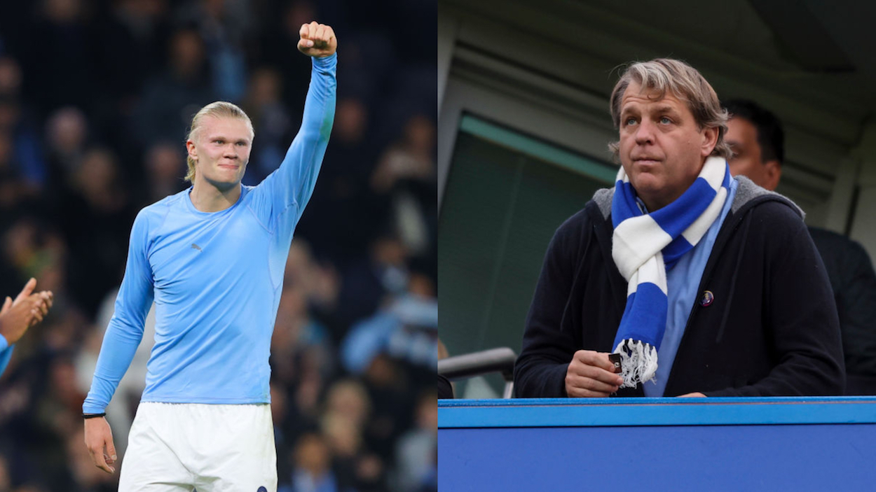 Manchester City striker Erling Haaland and Chelsea owner Todd Boehly.