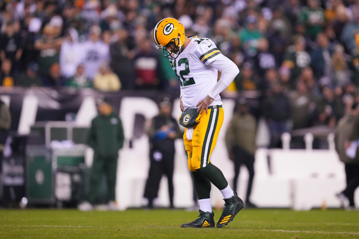 Aaron Rodgers of the Green Bay Packers reacts against the Philadelphia Eagles.