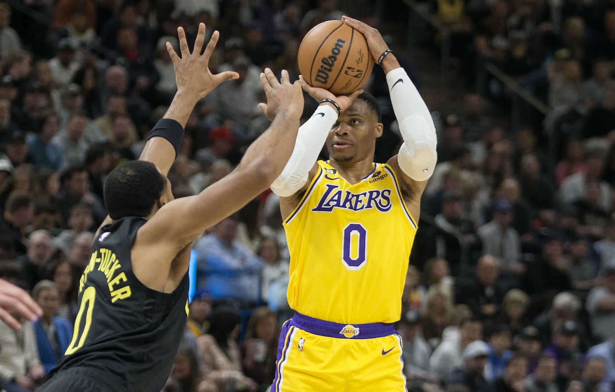 Russell Westbrook shoots during a game against the Jazz.