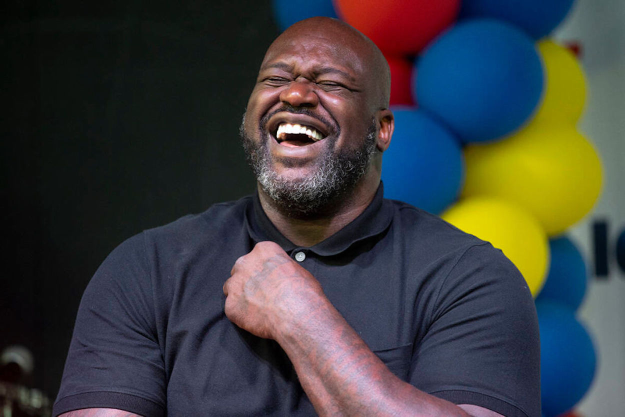 Shaquille O'Neal laughs during a 2021 event.