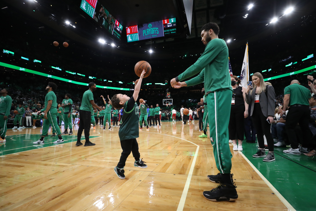 Deuce Tatum is seen with his father Jayson Tatum of the Boston Celtics.