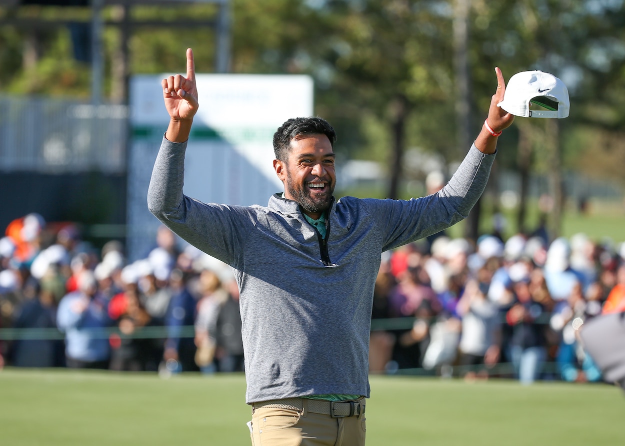 Tony Finau celebrates after winning the 2022 Cadence Bank Houston Open.