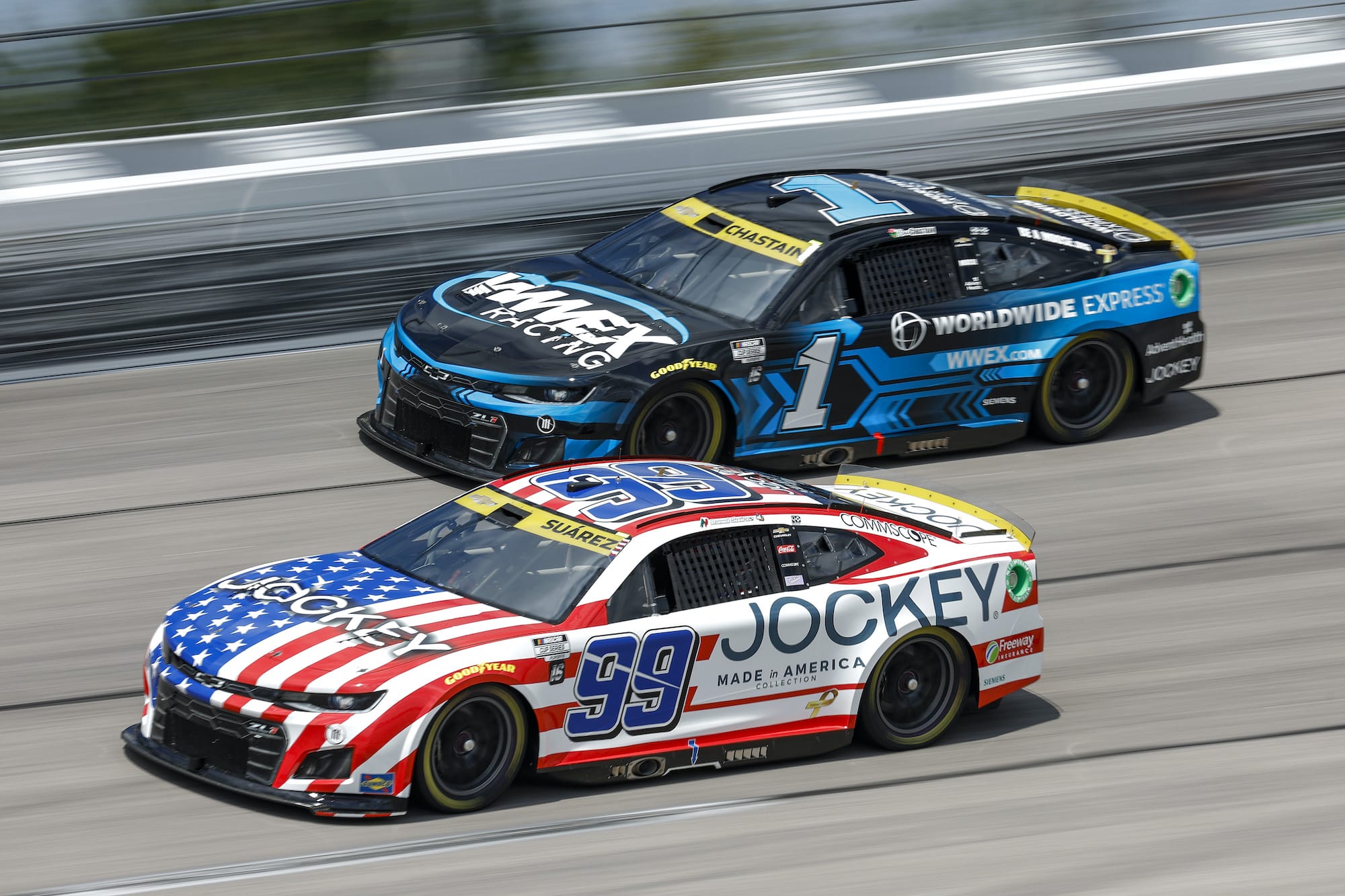 Trackhouse Racing drivers Daniel Suarez and Ross Chastain practice