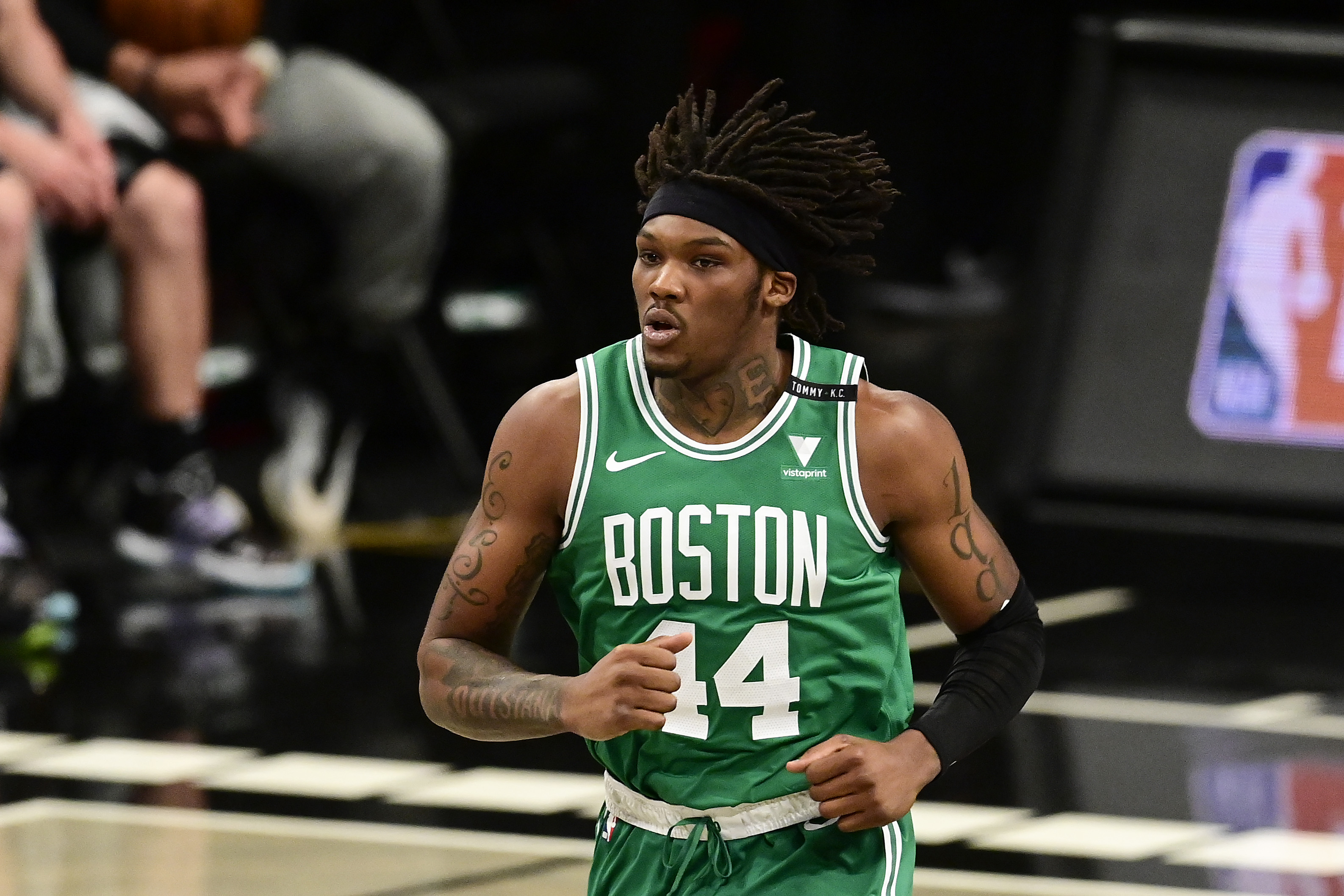 Robert Williams III of the Boston Celtics looks on against the Brooklyn Nets.