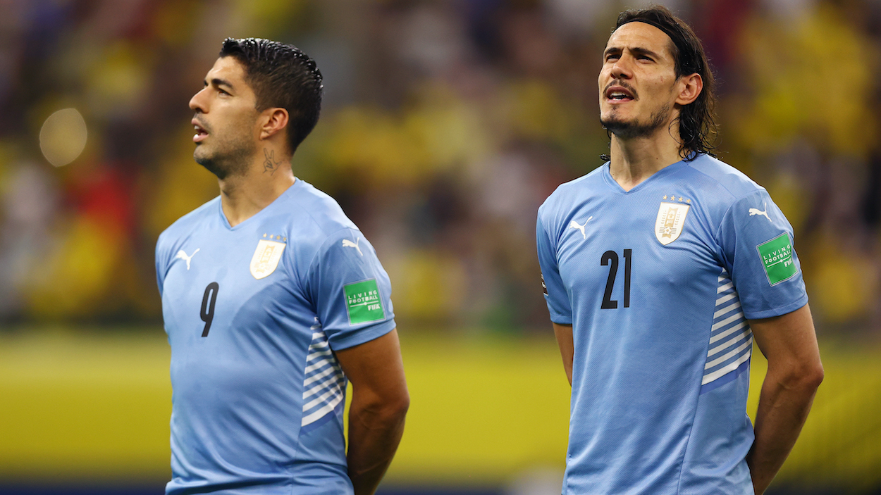 (L-R) Luis Suarez and Edinson Cavani of Uruguay ahead of World Cup 2022
