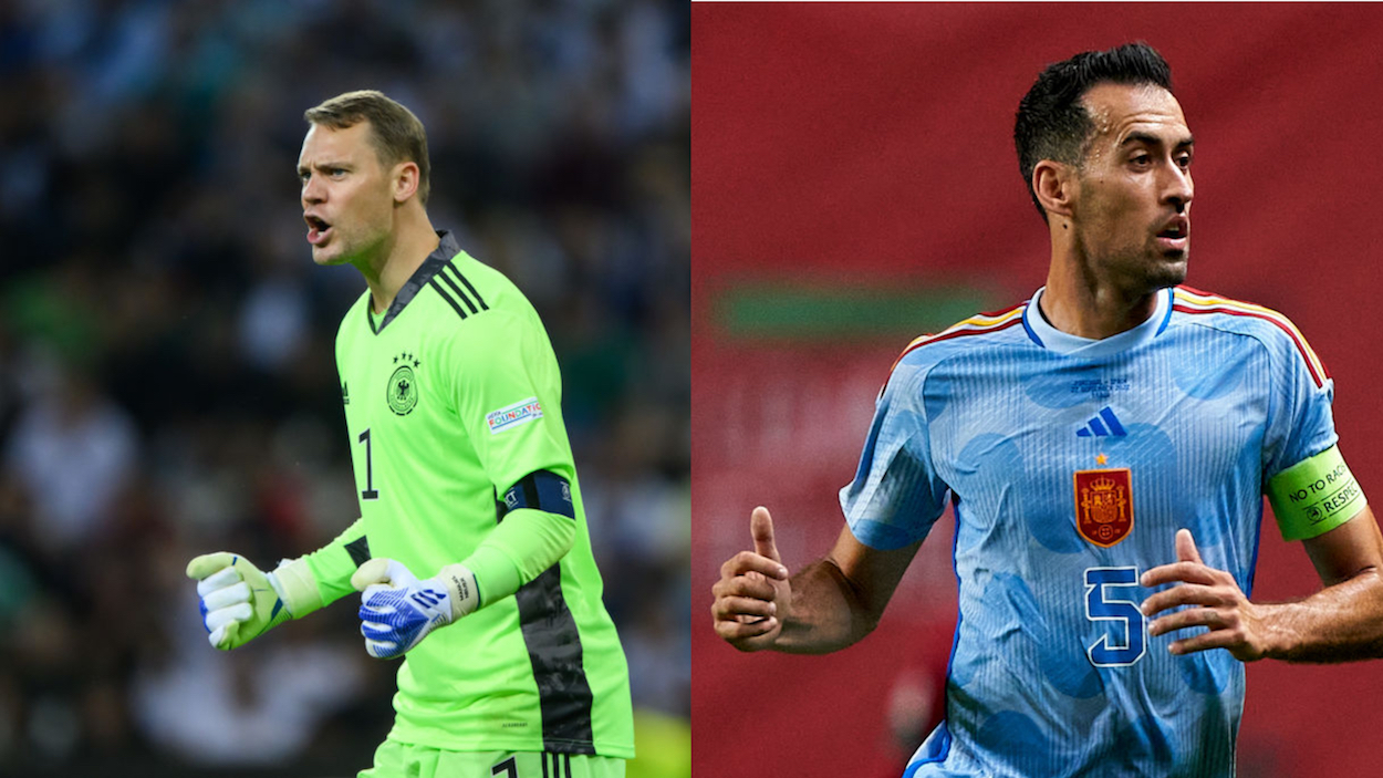 Manuel Neuer (L) and Sergio Busquets (R) in action for Germany and Spain, respectively.
