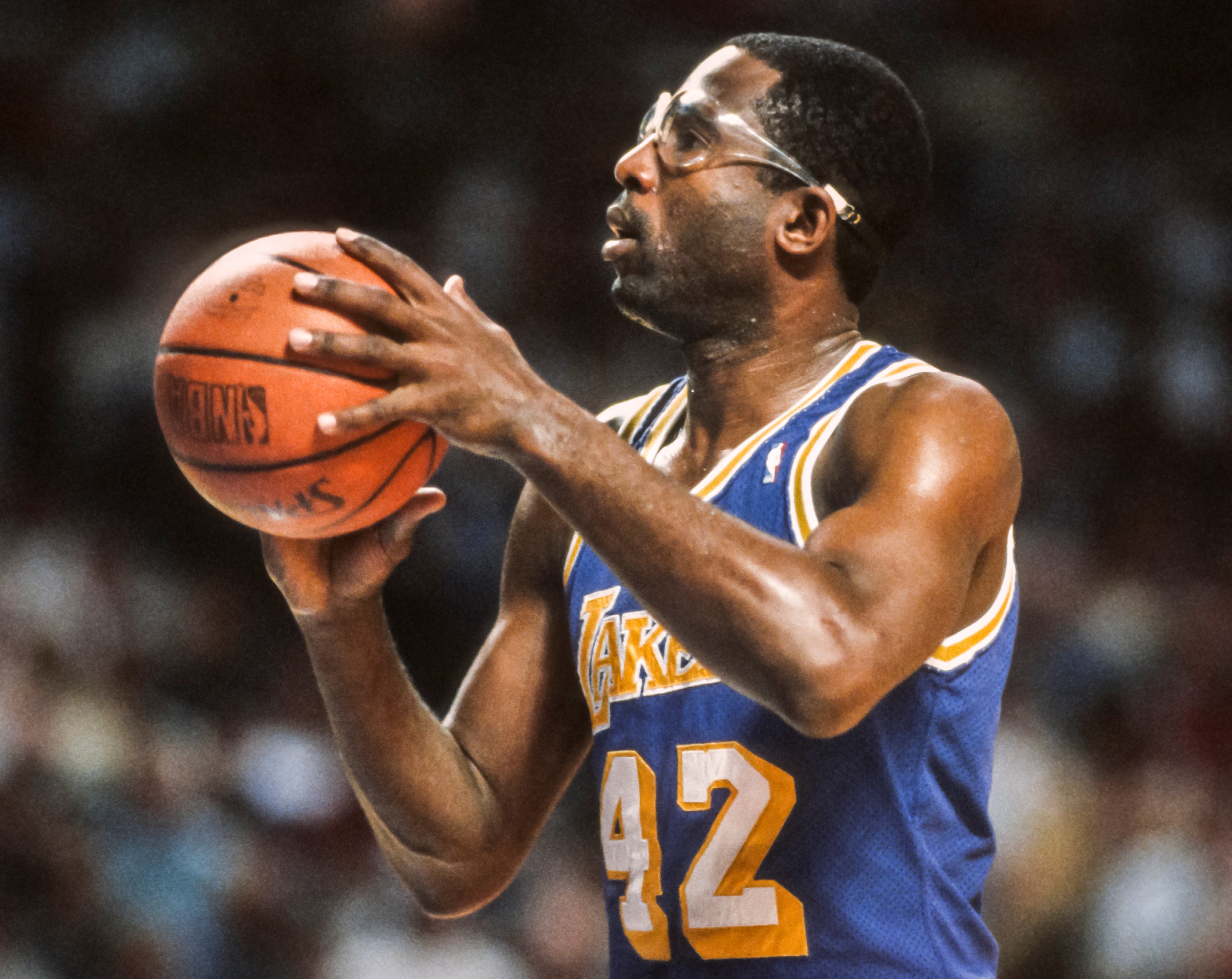 James Worthy of the Los Angeles Lakers shoots a free throw.
