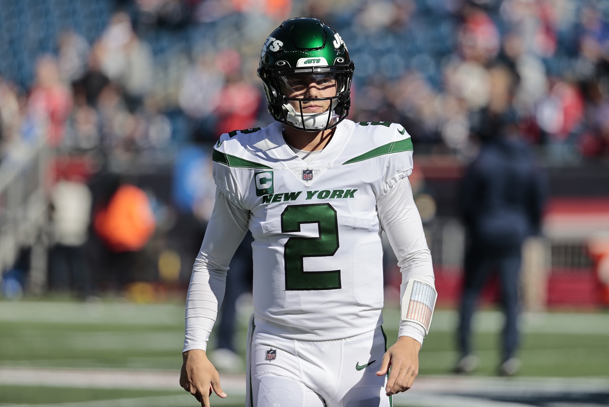 Zach Wilson during a Jets-Patriots matchup in October 2022