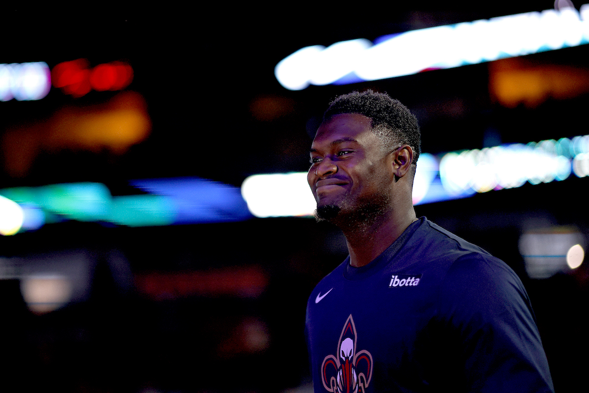 Zion Williamson of the New Orleans Pelicans stands on the court prior to a game