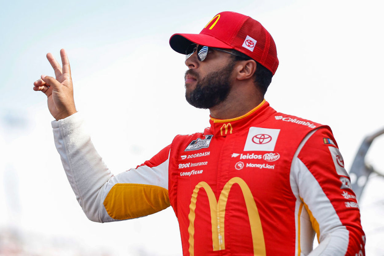 Bubba Wallace gestures to the crowd ahead of the the NASCAR Cup Series South Point 400.