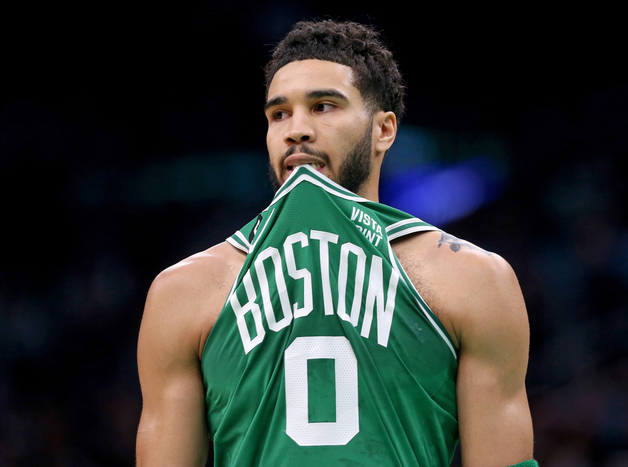 Jayson Tatum of the Boston Celtics before the start of the first quarter of the NBA game against the Indiana Pacers.
