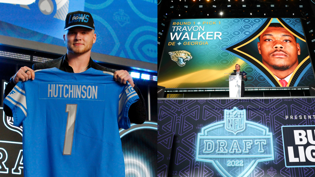 (L-R) Detroit Lions select Aidan Hutchinson, Jacksonville Jaguars take Travon Walker at 2022 NFL Draft.