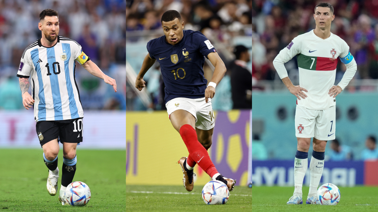 (L-R) Lionel Messi of Argentina, Kylian Mbappe of France, and Cristiano Ronaldo of Portugal at the 2022 World Cup.