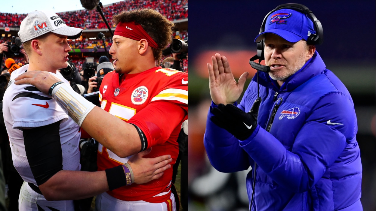 (L-R) Bengals QB Joe Burrow, Chiefs QB Patrick Mahomes, Buffalo Bills coach Sean McDermott.