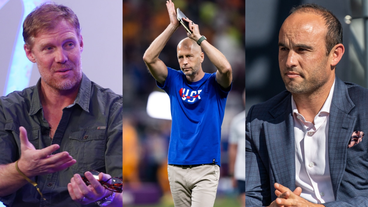 Former USMNT World Cup players Alexi Lalas (L) and Landon Donovan (R) and USMNT coach Gregg Berhalter (C).