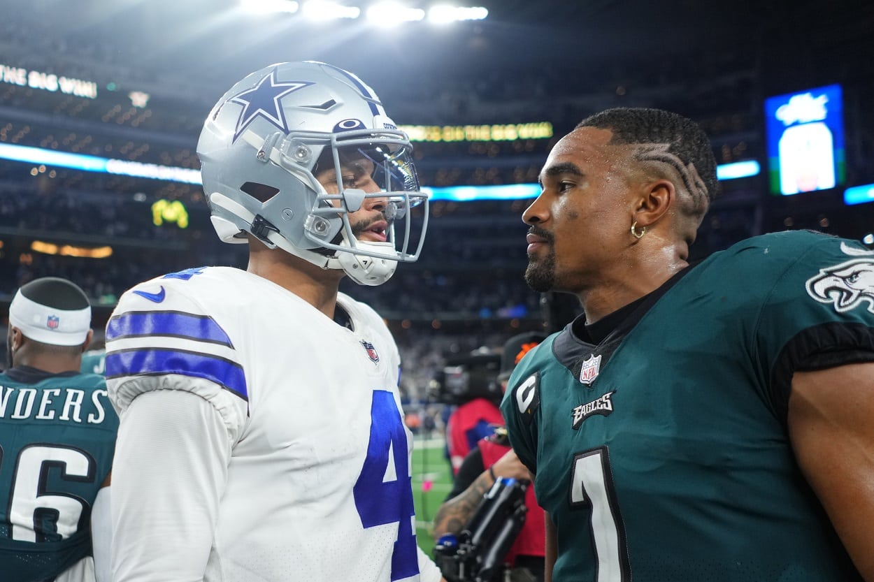 Dak Prescott and Jalen Hurts following a Cowboys-Eagles matchup in September 2021