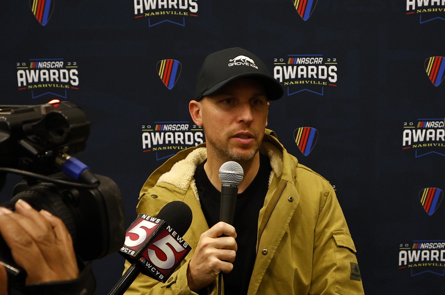 Denny Hamlin speaks with the media prior to the NASCAR Awards and Champion Celebration at the Music City Center on Dec. 2, 2022, in Nashville, Tennessee.