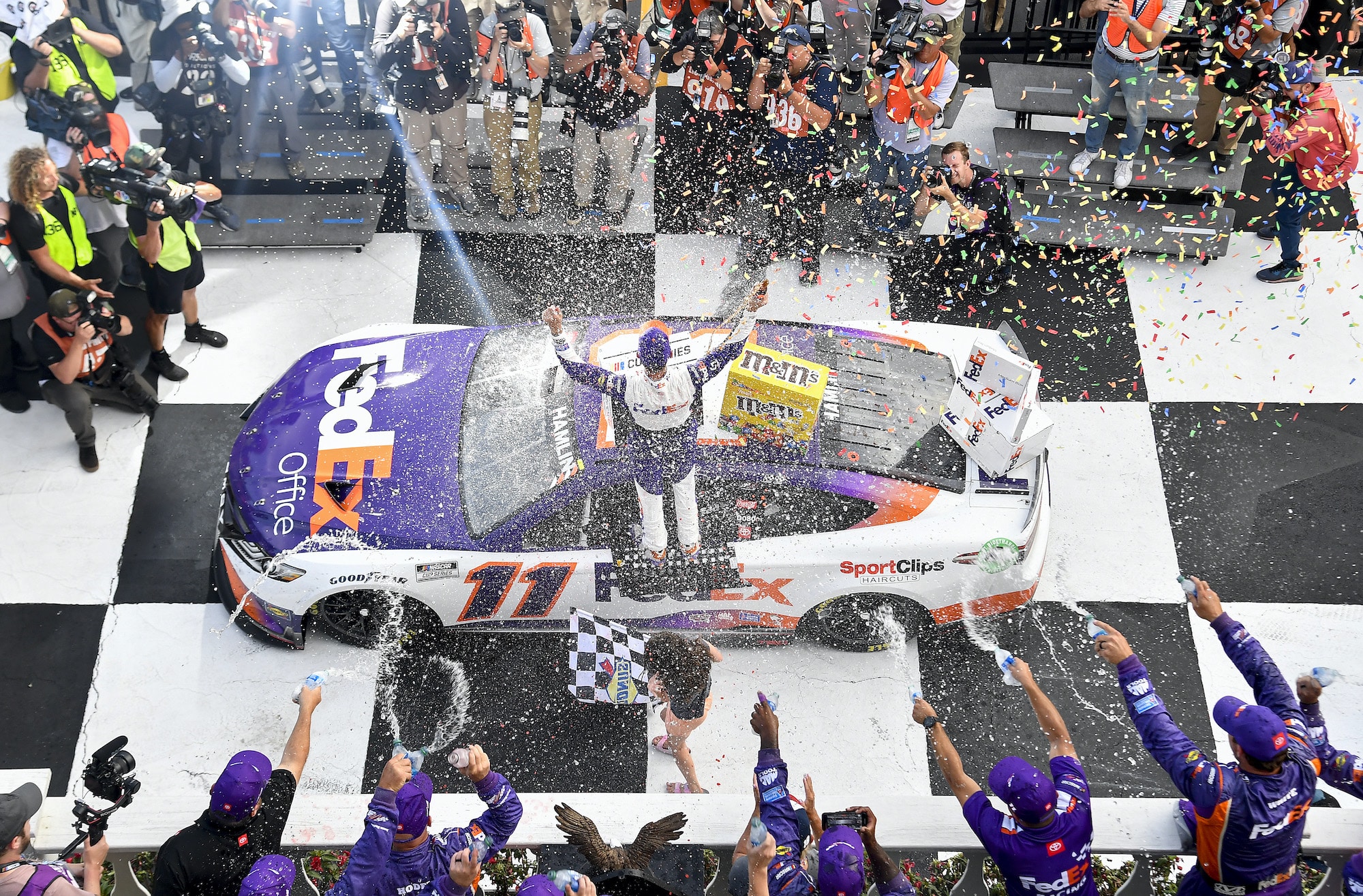 Denny Hamlin celebrates win