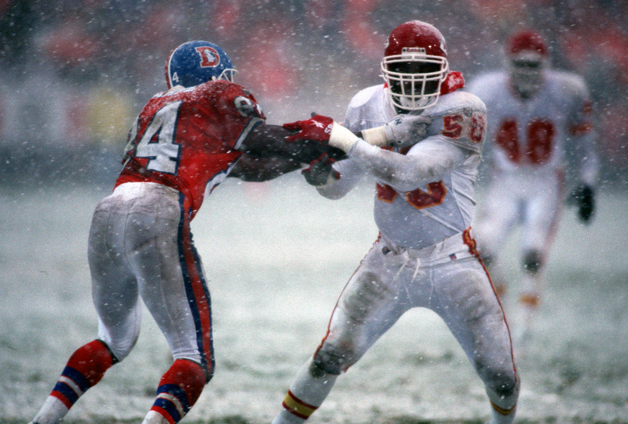 Kansas City Chiefs Derrick Thomas in action against the Denver Broncos.