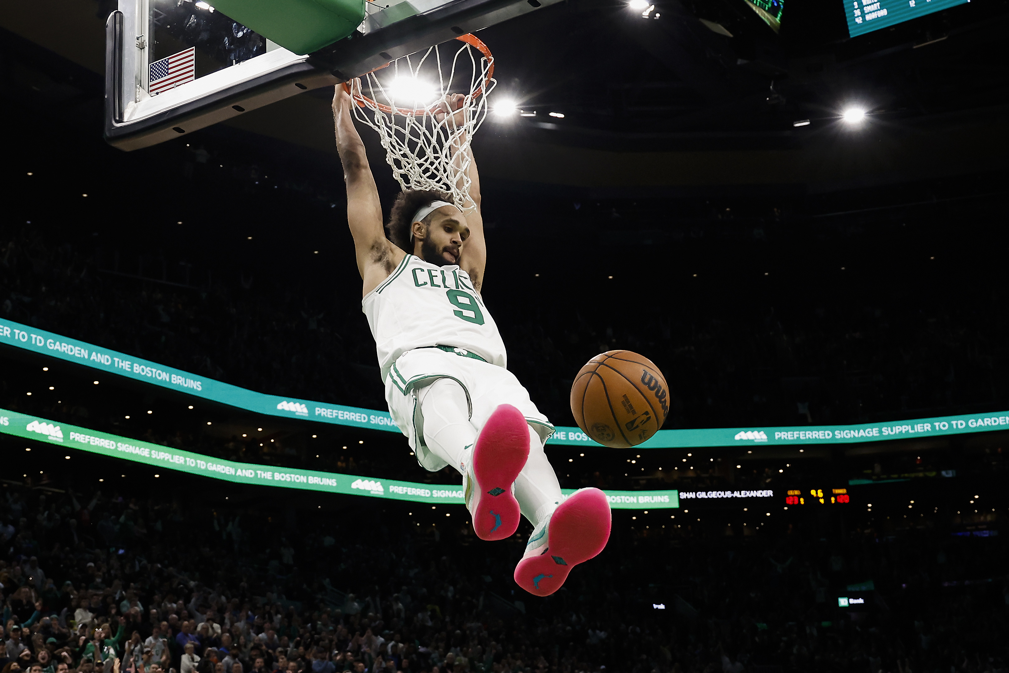 Derrick White of the Boston Celtics dunks during the second half against the Oklahoma City Thunder.