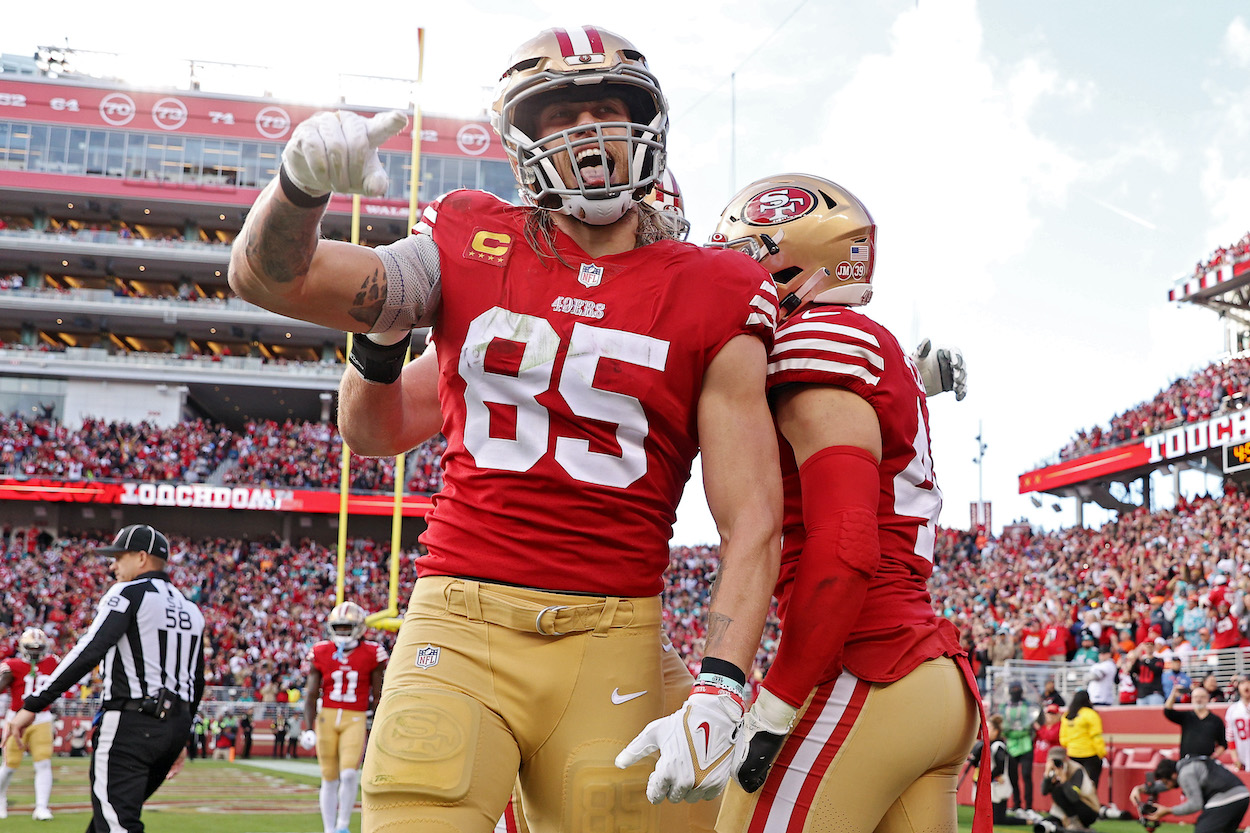 George Kittle celebrates after a touchdown.