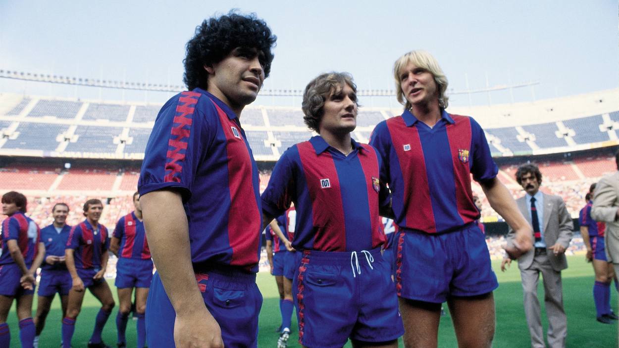 Diego Maradona, Bernd Schuster, and Steve Archibald, presentation of FC Barcelona circa 1984 when the Argentina legend and Schuster tipped off a huge brawl with Athletic Bilbao.