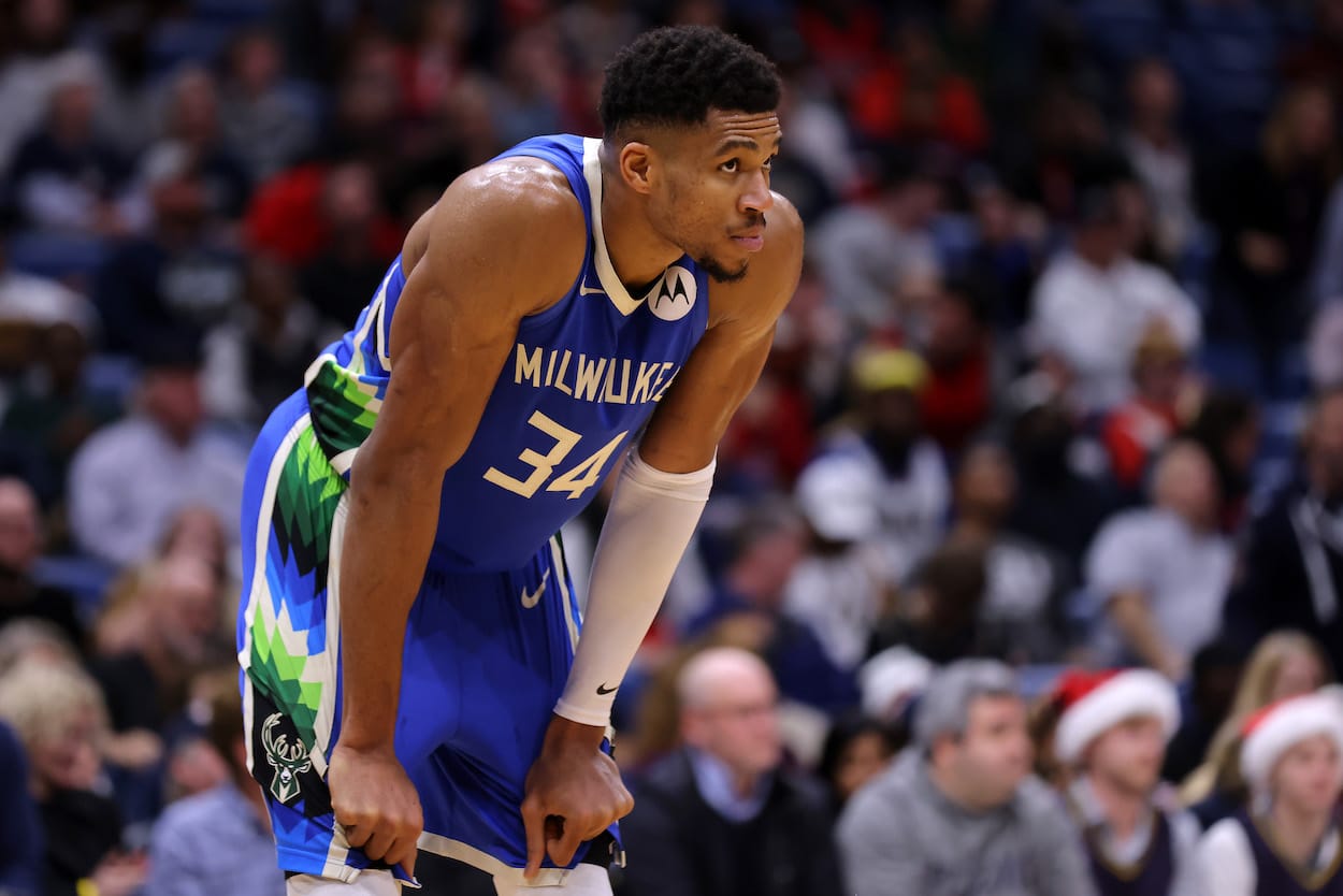 Giannis Antetokounmpo looks on during a game.