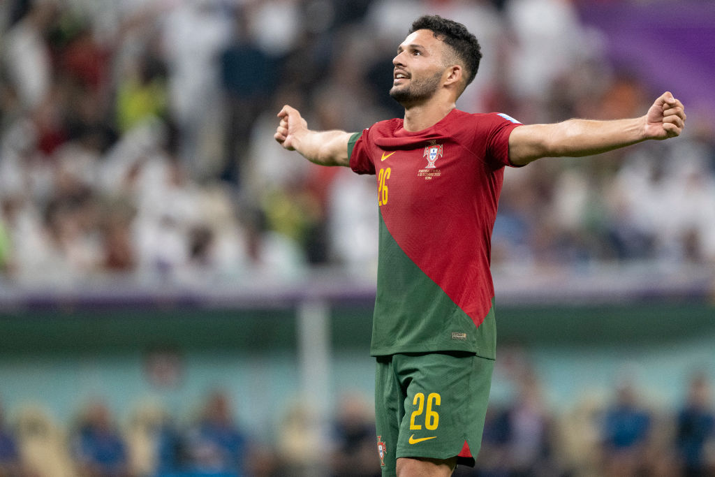 Goncalo Ramos celebrates a goal during the 2022 FIFA World Cup.