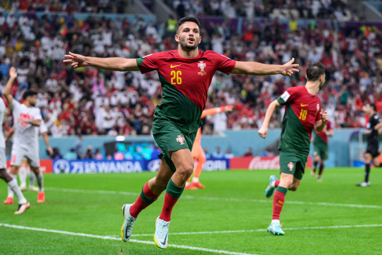Goncalo Ramos celebrates scoring for Portugal during a 6-1 win over Switzerland at the 2022 FIFA World Cup.