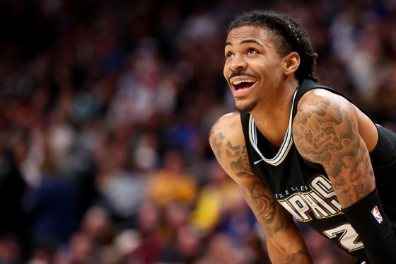 Ja Morant of the Memphis Grizzlies smiles against the Denver Nuggets.