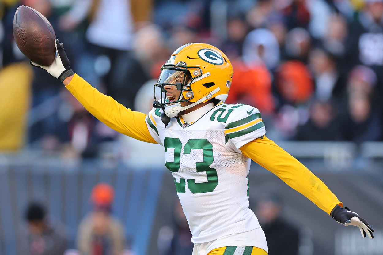 Jaire Alexander of the Green Bay Packers celebrates an interception against the Chicago Bears.