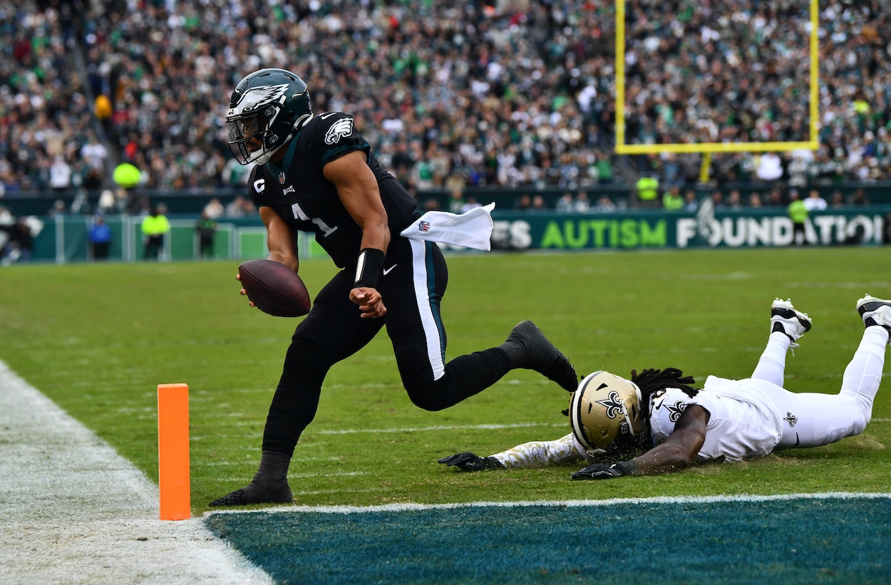 Jalen Hurts scrambles for a touchdown against the Saints.