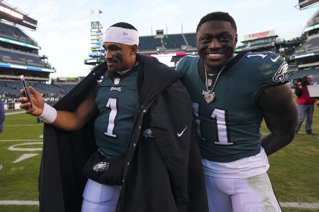 Jalen Hurts and A.J. Brown, 2022 NFL awards candidates, celebrate after a win.