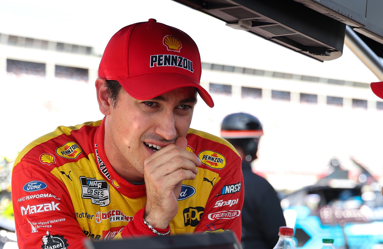 Joey Logano waits on the grid during practice for NASCAR Cup Series Bank of America Roval 400 at Charlotte Motor Speedway on Oct. 8, 2022 in Concord, North Carolina.