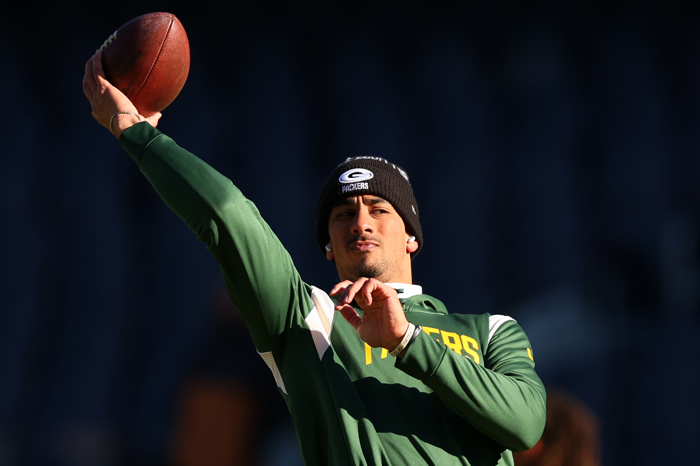 Jordan Love of the Green Bay Packers warms up prior to the game against the Chicago Bears.