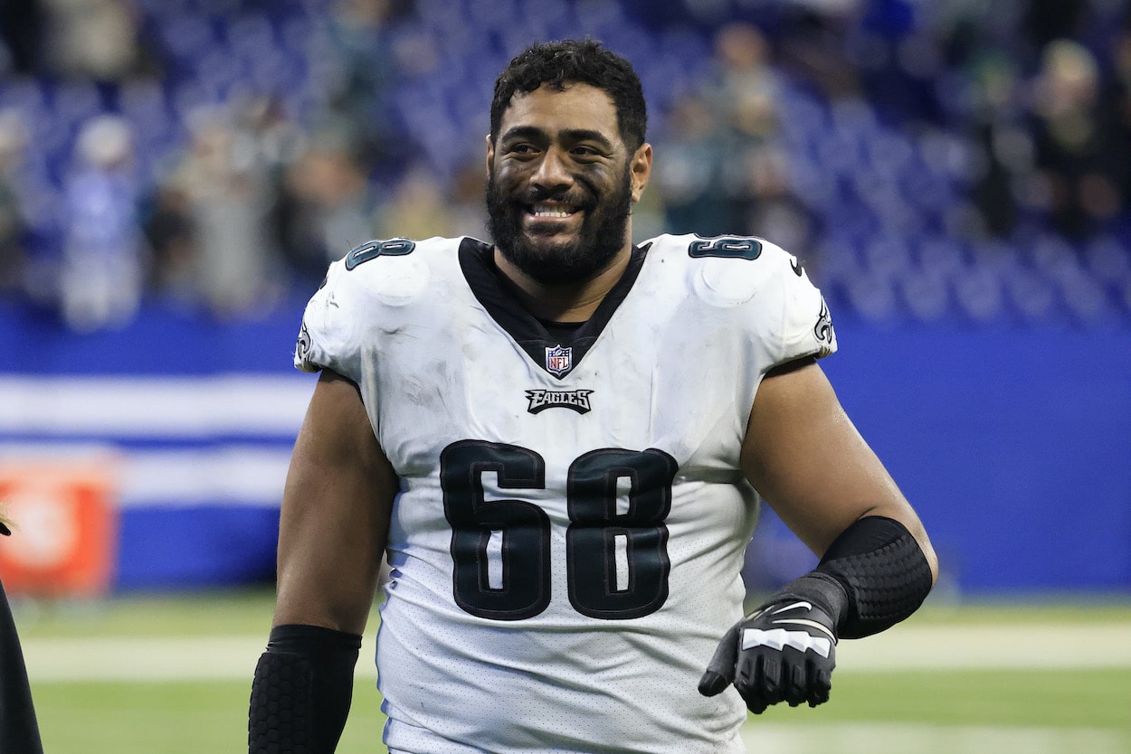 Jordan Mailata walks off the field after a game.