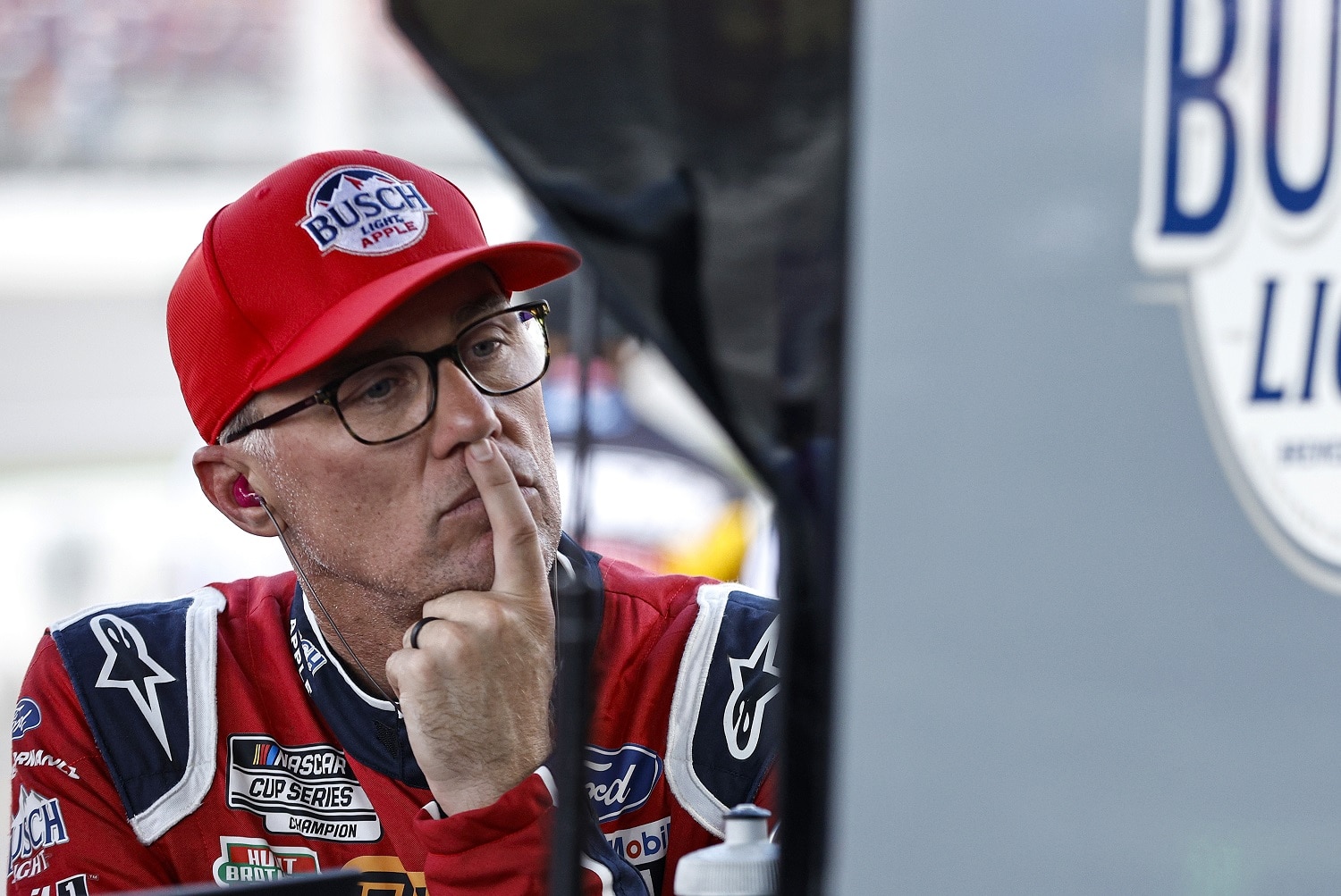 Kevin Harvick works in the garage area during practice for the NASCAR Cup Series FireKeepers Casino 400 at Michigan International Speedway on Aug. 6, 2022 in Brooklyn, Michigan.