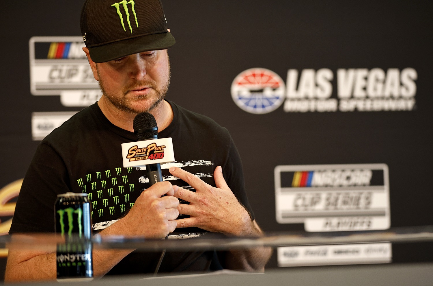 NASCAR driver Kurt Busch speaks to the media prior to practice for the NASCAR Cup Series South Point 400 at Las Vegas Motor Speedway on Oct. 15, 2022.