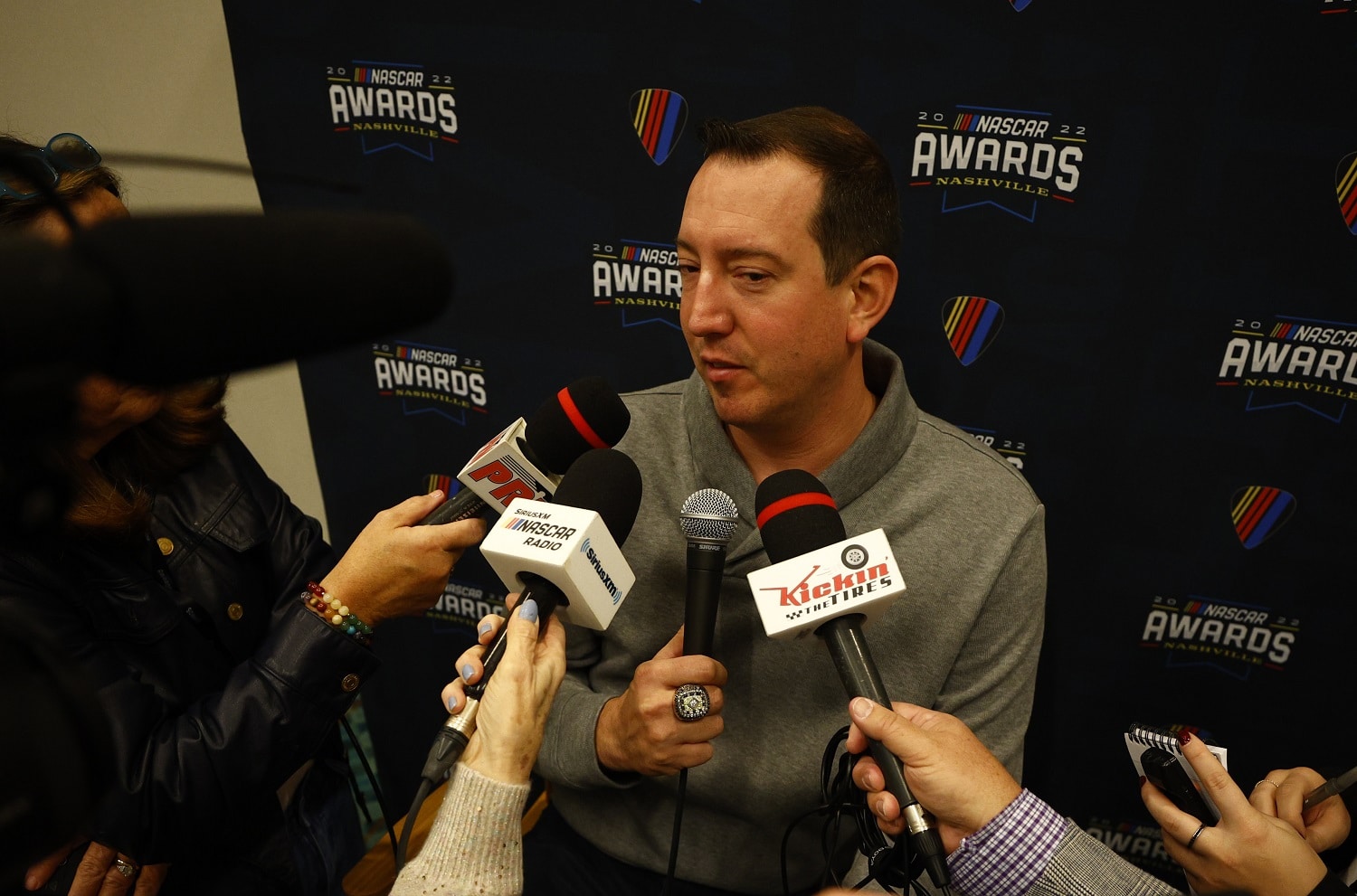 Kyle Busch speaks with the media prior to the NASCAR Awards and Champion Celebration at the Music City Center on Dec. 2, 2022, in Nashville, Tennessee.