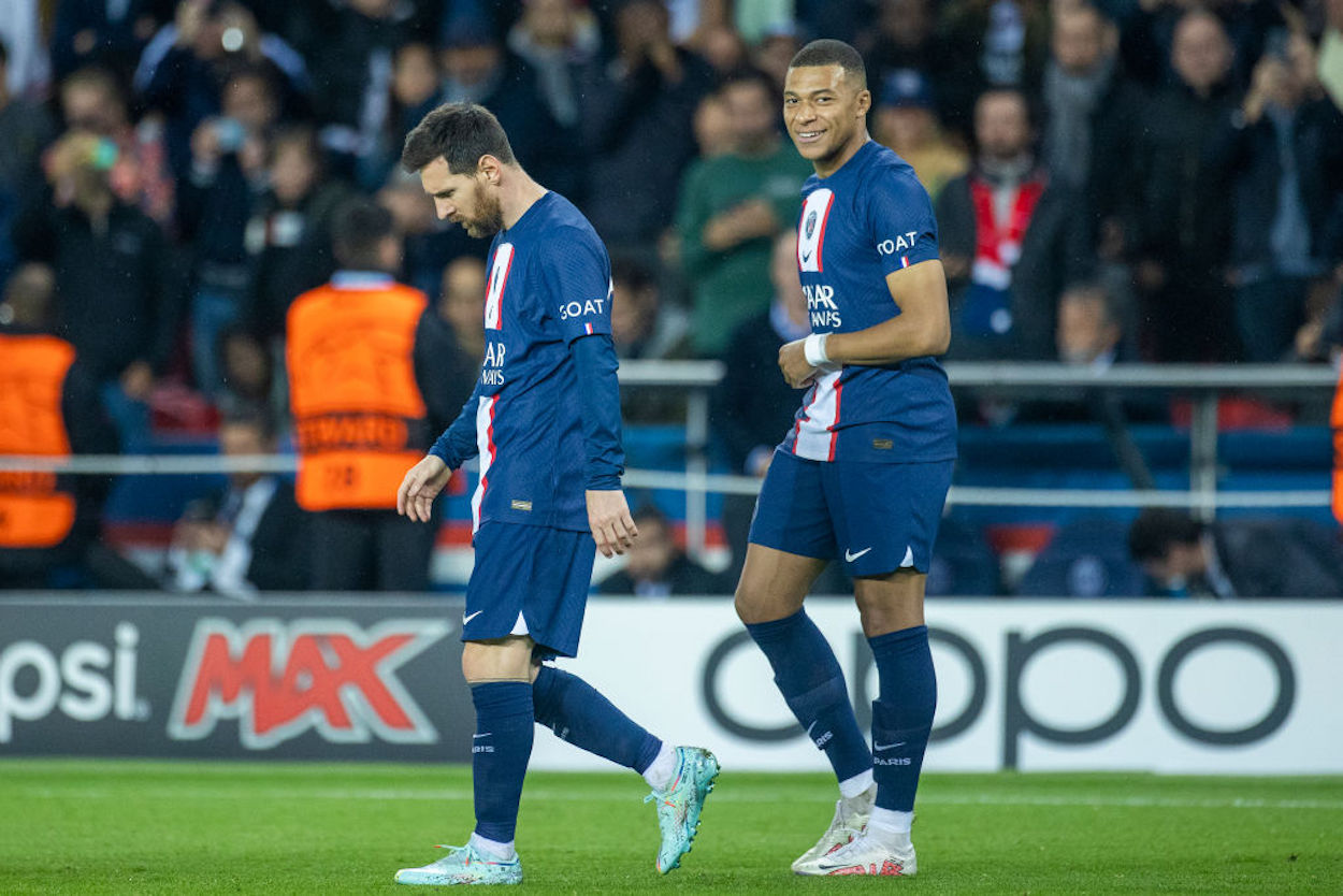 Kylian Mbappe and Lionel Messi (R to L) during a PSG match.
