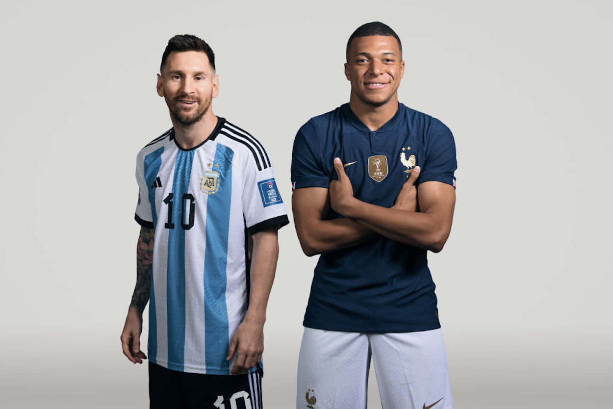 An edited image showing Lionel Messi and Kylian Mbappe standing together.