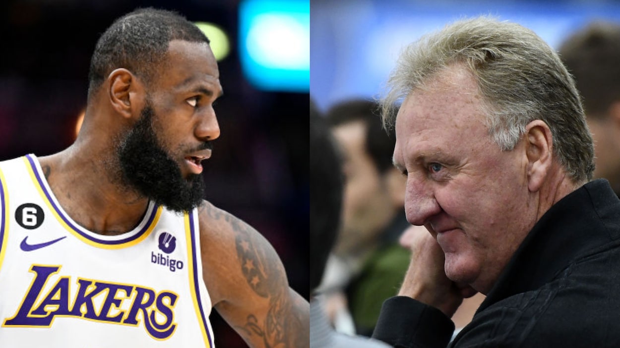 NBA stars LeBron James (L) and Larry Bird (R)