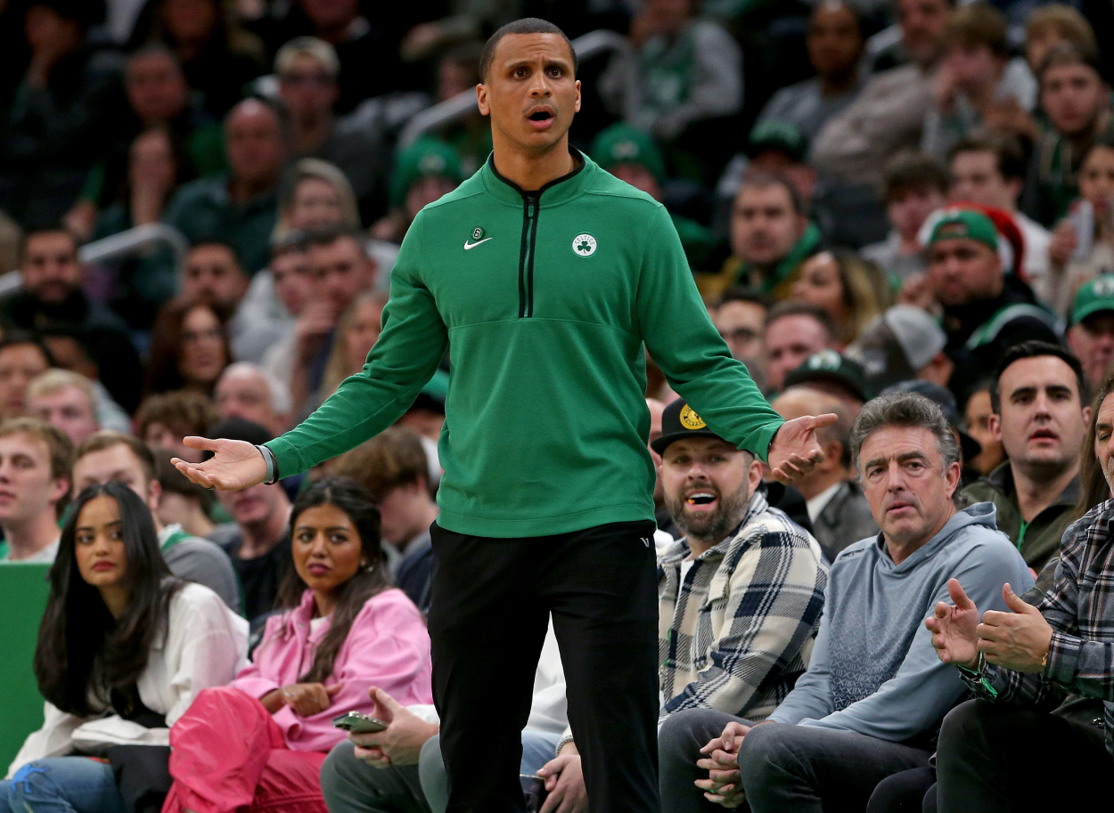 Boston Celtics head coach Joe Mazzulla reacts during the first quarter.