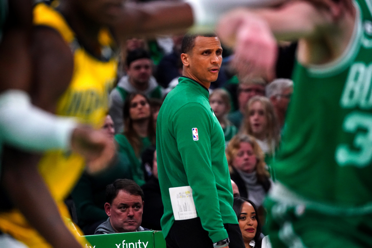 Boston Celtics interim head coach Joe Mazzulla watches from the bench.
