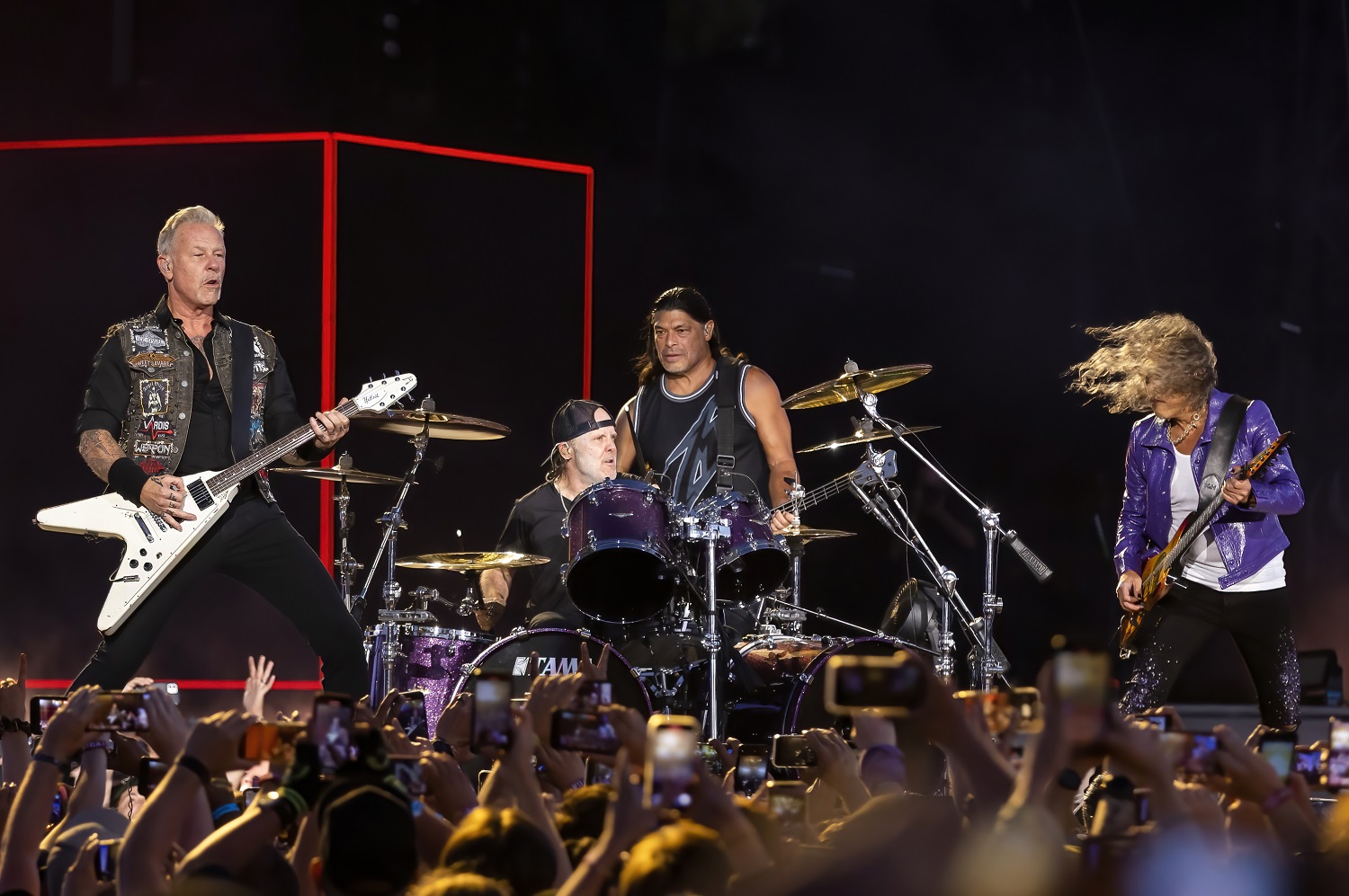 James Hetfield, Lars Ulrich, Robert Trujillo and James Hetfield of Metallica perform during Lollapalooza at Grant Park on July 28, 2022, in Chicago.