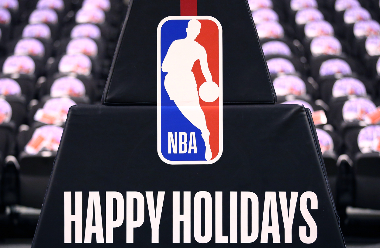 Christmas branding on the basketball stanchion.