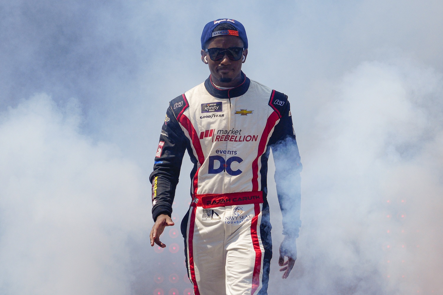 Rajah Caruth walks onstage during driver intros prior to the NASCAR Xfinity Series ToyotaCare 250 at Richmond Raceway on April 2, 2022.