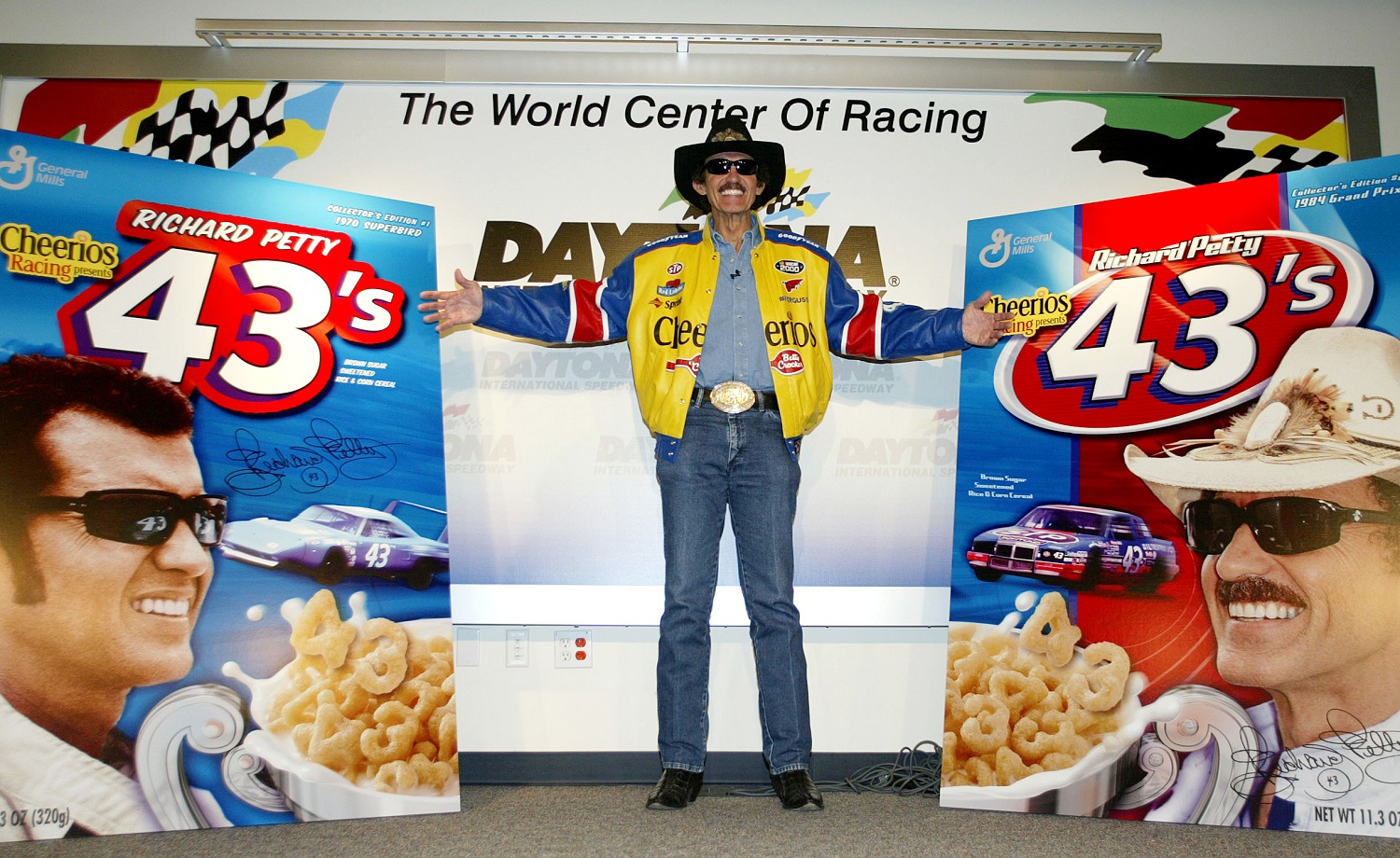 General Mills salutes  Richard Petty with a cereal made up of the numbers 4 and 3, the legend's racing number, at the NASCAR Winston Cup Daytona 500 on  Feb. 12, 2003. | Darrell Ingham/Getty Images