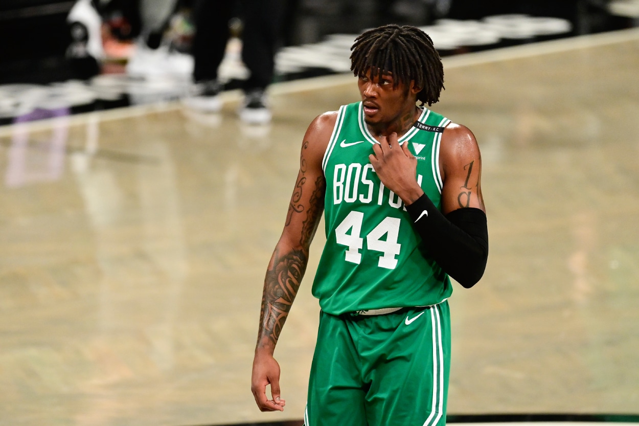 Robert Williams III of the Boston Celtics looks on against the Brooklyn Nets.
