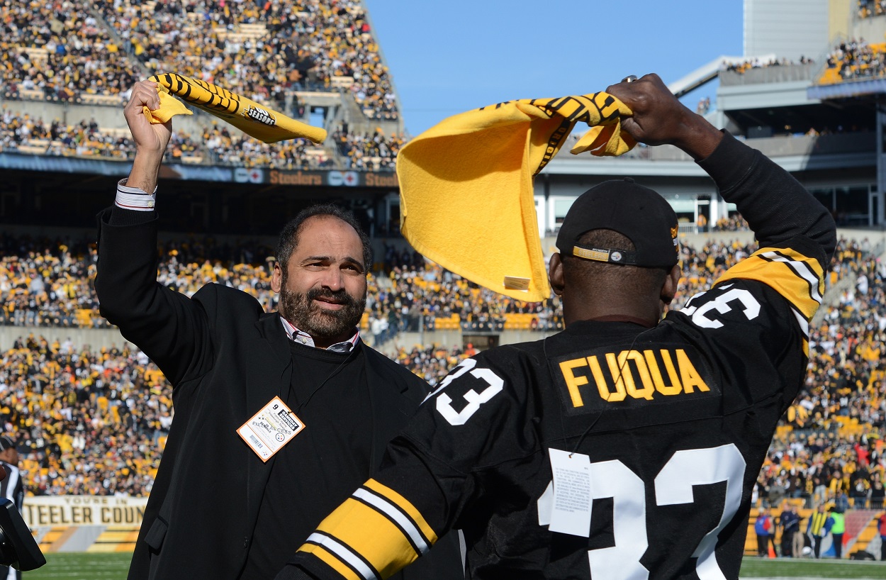Former Pittsburgh Steelers Franco Harris and John Fuqua celebrate the anniversary of the Immaculate Reception